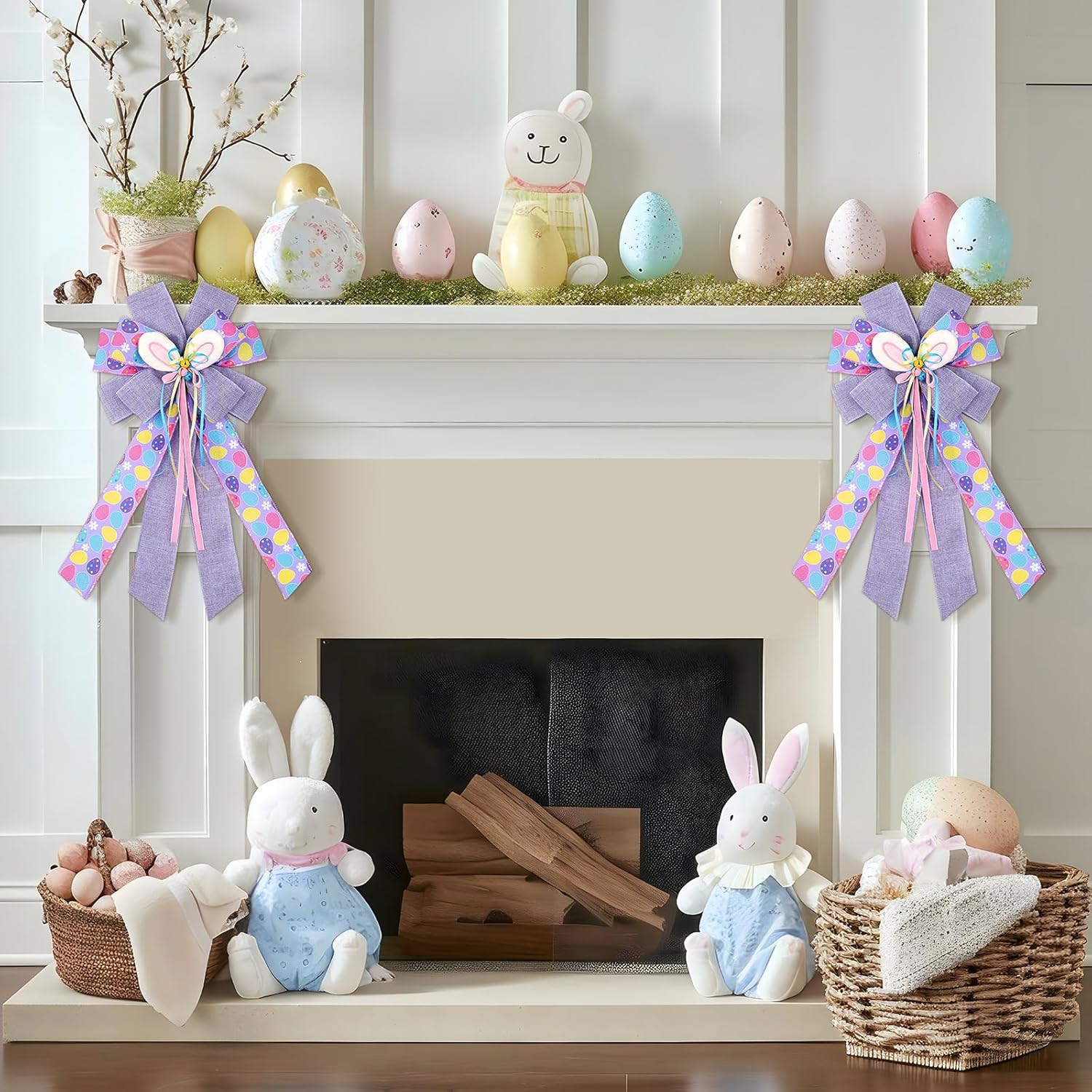 Skiennix Large Purple Spring Bows - 21x11 Inch Bunny Tree Topper Wired Ribbon Decor | 4 Pcs Set