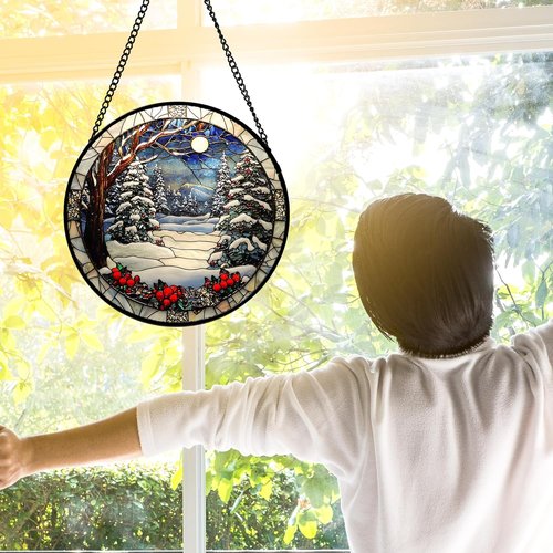 DASTOLL Stained Glass Window Hanging - Winter Snow Night Scenery Suncatcher | 9.8" Home Decor Gift