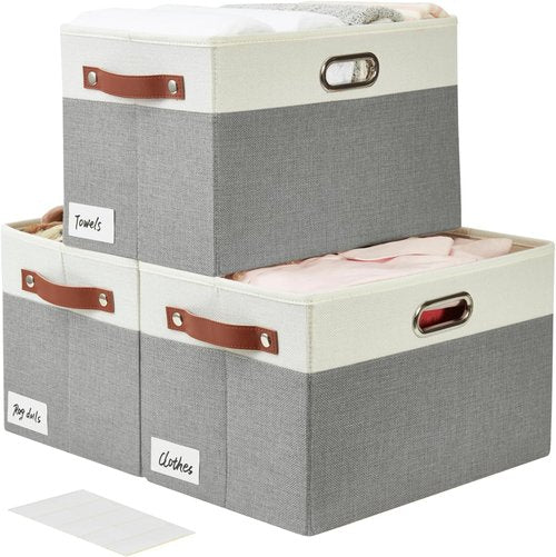 Bagnizer Large Collapsible Storage Bins - Durable Foldable Organizer Baskets | 3 Pack, Gray & White (14.9"x9.8"x9.8")
