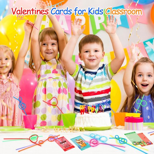 WEMEMORN 32 Pack Valentine's Day Cards for Kids with Crazy Loop Straws Bulk Toys, 8 Styles Valentines Greeting Cards for Boys Girls, Valentine's Prizes Party Favor School Classroom Gifts Exchange