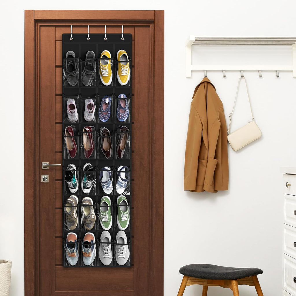 Simple Houseware 24 Pockets Over The Door Hanging Shoe Organizer - Crystal Clear, Black (64'' x 19'')