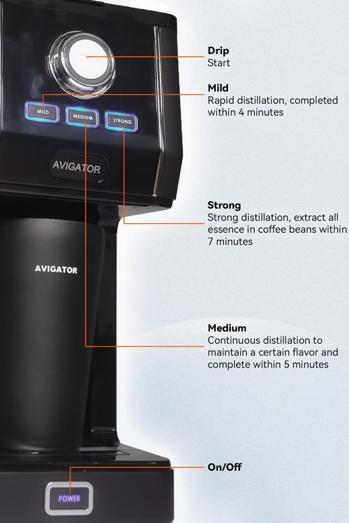 avigator Single Serve Coffee Maker with 11oz. Travel Coffee Mug Stainless Steel, Brew Strenth Adjustable, Permanent Filter, Black
