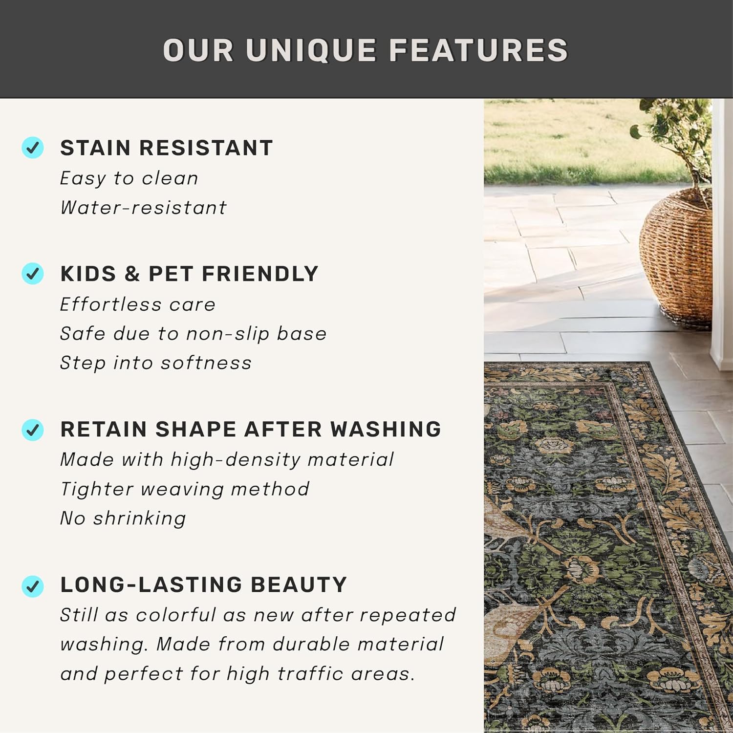 Skiennix Large Entryway Rug - 3x5 Washable Indoor Mat with Moody Woodland Flowers | Non-Slip, Stain Resistant