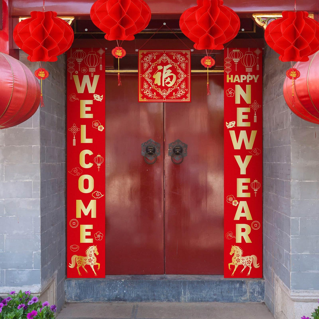 Marspark 20 Pcs Chinese New Year Decorations 2026 Set, Lunar Year Banner Decor Couplet Chunlian Fu Character Red Paper Lanterns Porch Sign Window Decor Envelope for Spring Home Office Festival Party
