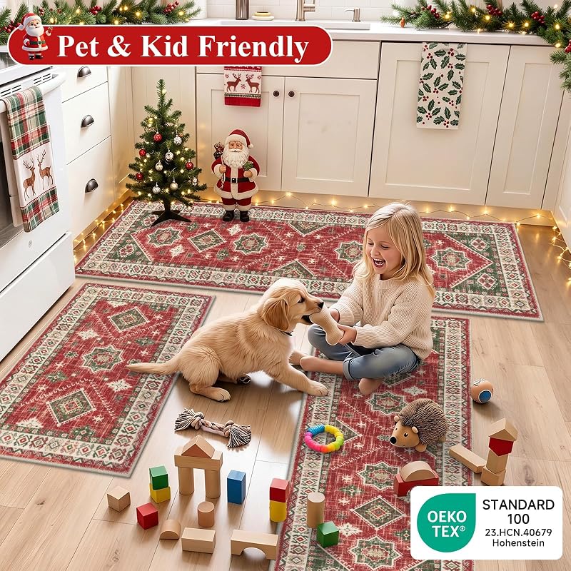 Christmas Kitchen Rug Set of 3 - Red & Green Non-Slip 20x32, 20x48, 20x59 variation: Red/Green+20"x32+20"x48+20"x59"