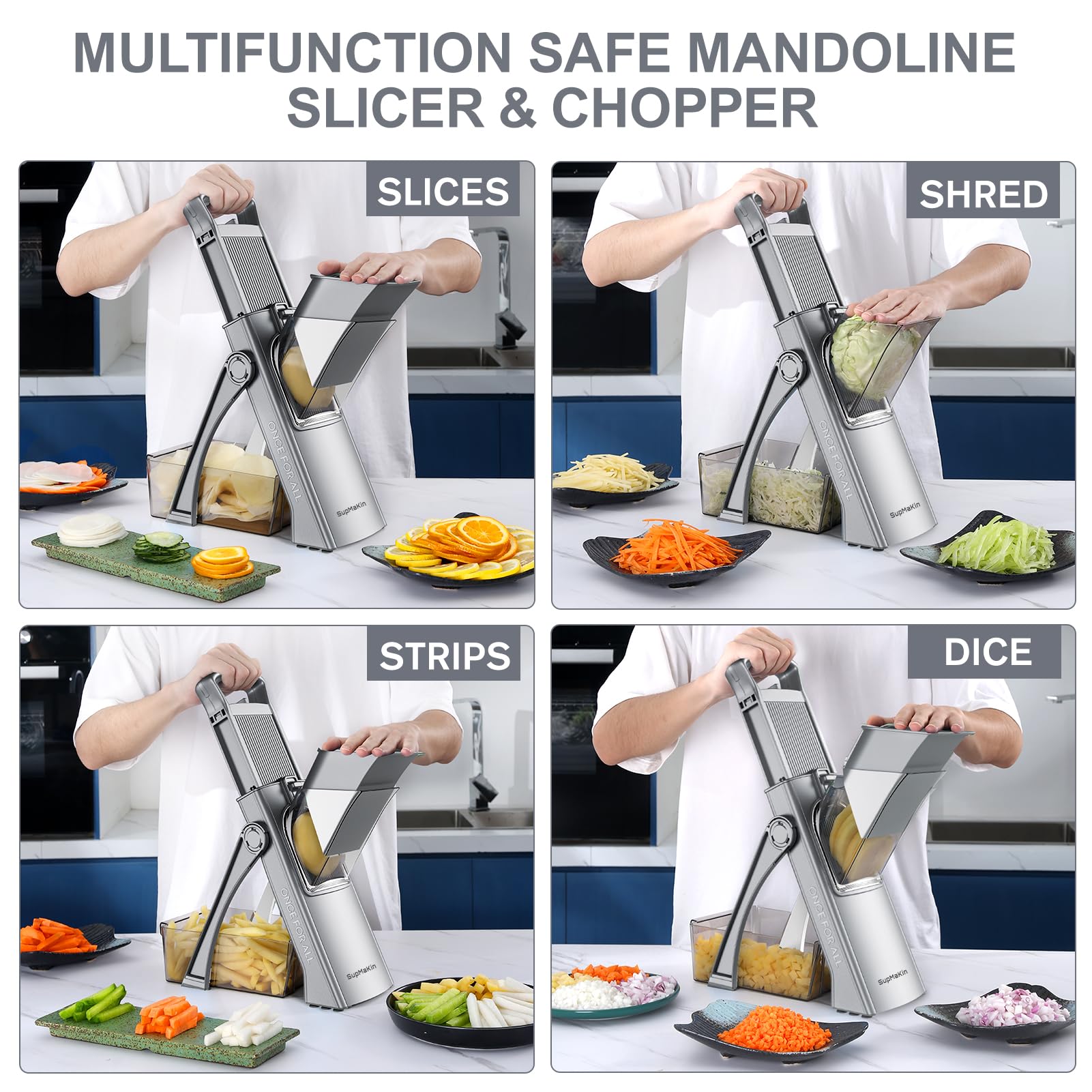 SupMaKin Upgrade Safe Mandoline Slicer for Kitchen,Adjustable Potato Slicer Vegetable Onion Chopper, French Fry Cutter, Include Vegetable Peeler(Gray)