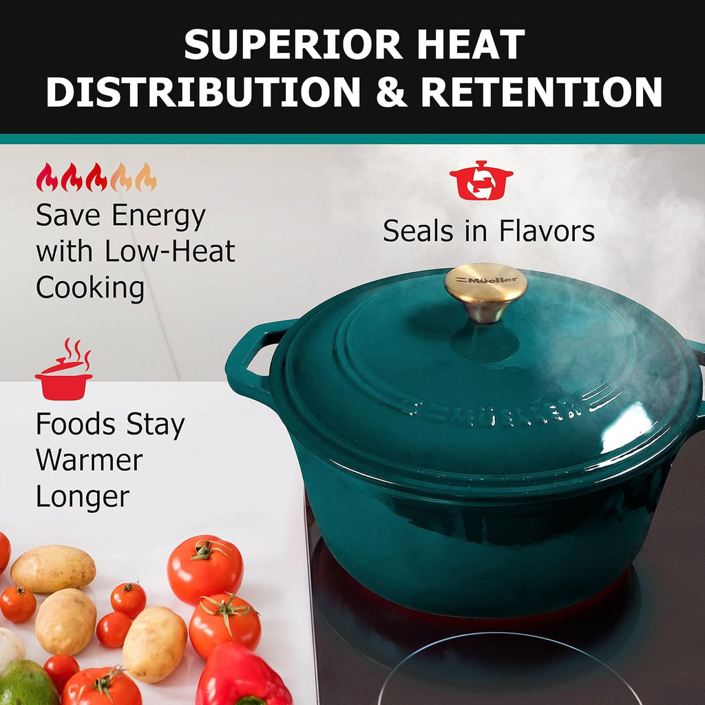 Mueller DuraCast Enameled Cast Iron Dutch Oven - 6 Quart, PFOA-Free, Oven Safe to 500°F | Ideal for Sourdough Baking, Emerald