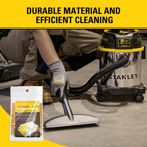 3 Pack STANLEY Disposable Filter Bag 25-1228, for 1-3.5 Gallon Wet/Dry Vacuum, Dust Bag Compatible with STANLEY SL18136