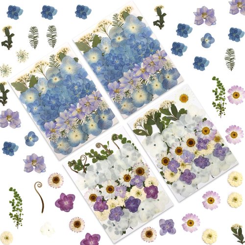 LUXEEASE 140 Pcs Dried Pressed Hydrangea Flowers for Crafts, Real Natural Blooms in Blue, Pink & White Tones with Foliage Accents, Perfect for Resin Art, DIY Jewelry & Home Decor – Tweezers Included