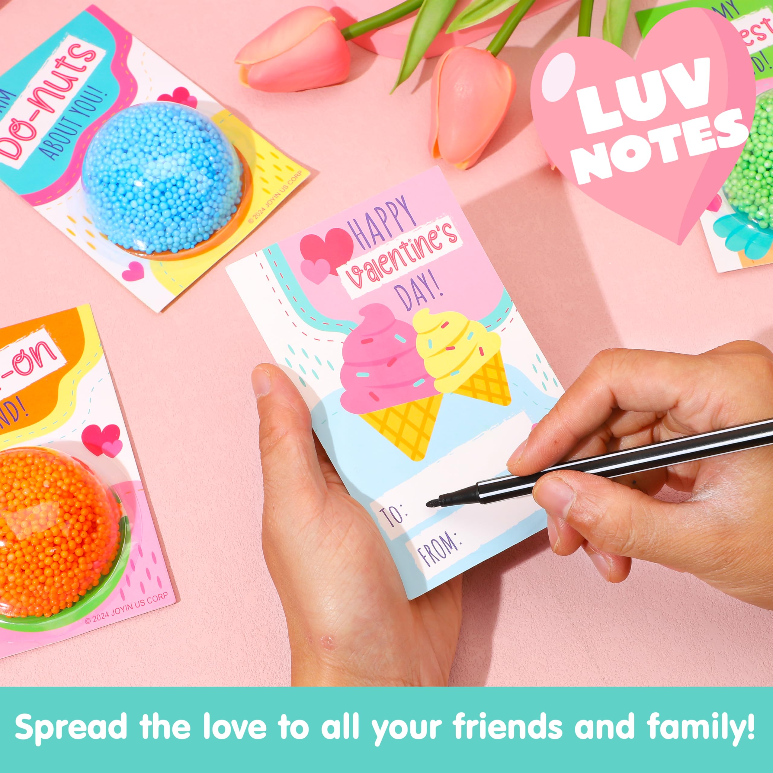 JOYIN 12 PCS Valentines Day Gift Cards with Colorful Play Modeling Squashy Bead Foam for Party Favor, Classroom Exchange Prize, Valentine’s Greeting Cards