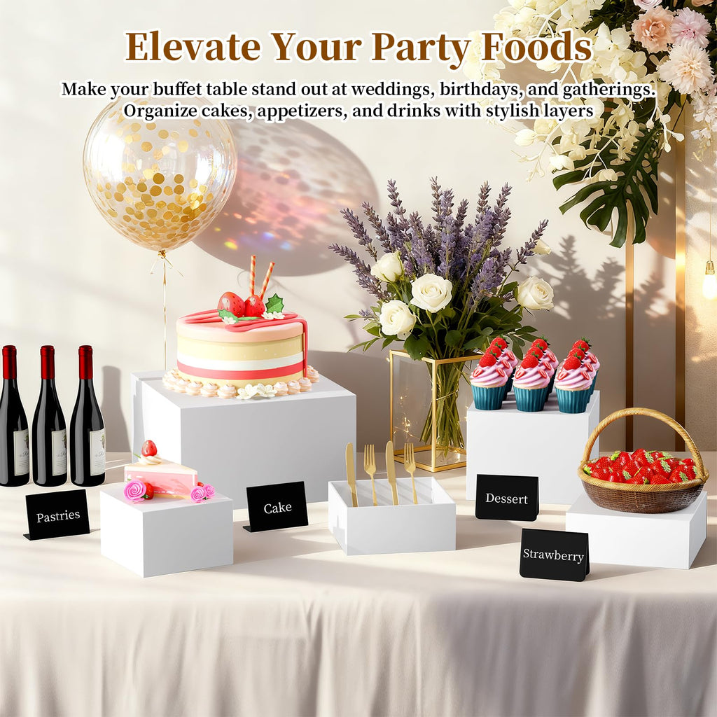 6 PCS 12" to 6.8" White Buffet Risers with Mini Sign and Makers, Large Food Risers for Buffet Table, Display Shelf Stands for Party, Catering, Dessert, Jewelry Collectibles, Nesting Cube Boxes with Hollow Bottoms Set (12",10",9",8",7.5",6.8")