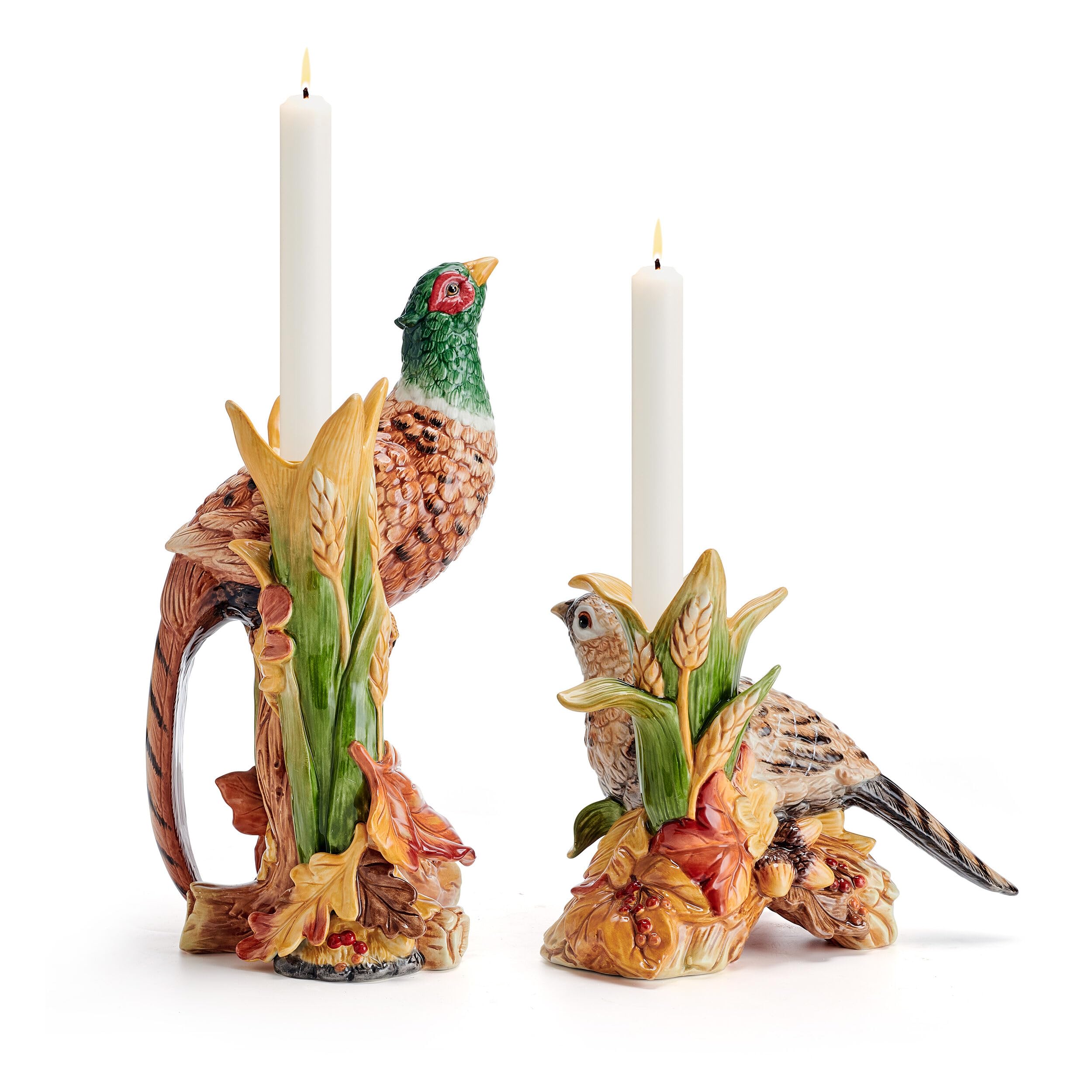 Fitz and Floyd Fall Harvest Pheasant Ceramic Figurine Candleholders, Set of 2, 10.5 and 6.25 inches Tall