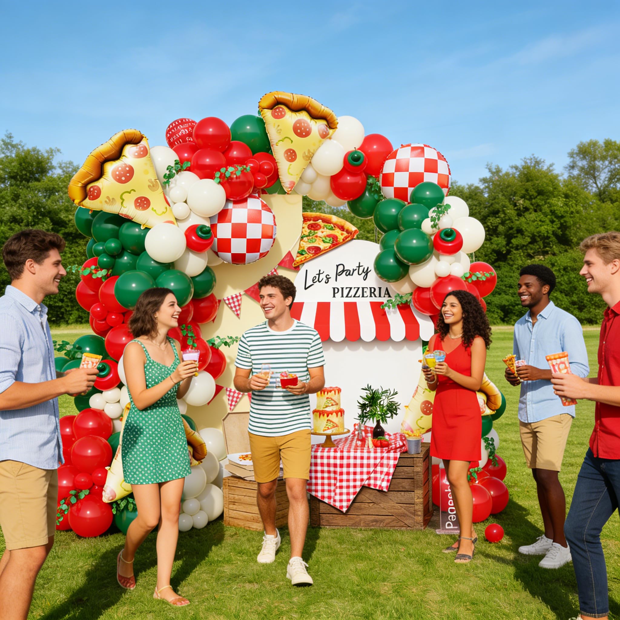 PageebO Pizza Party Decorations，150PCS Red Green Ivory White Balloons with Pizza Checkered Balloons for Pizza Party Favors BBQ Picnic Birthday Party Decorations Slice Slice Baby Shower Home Decor