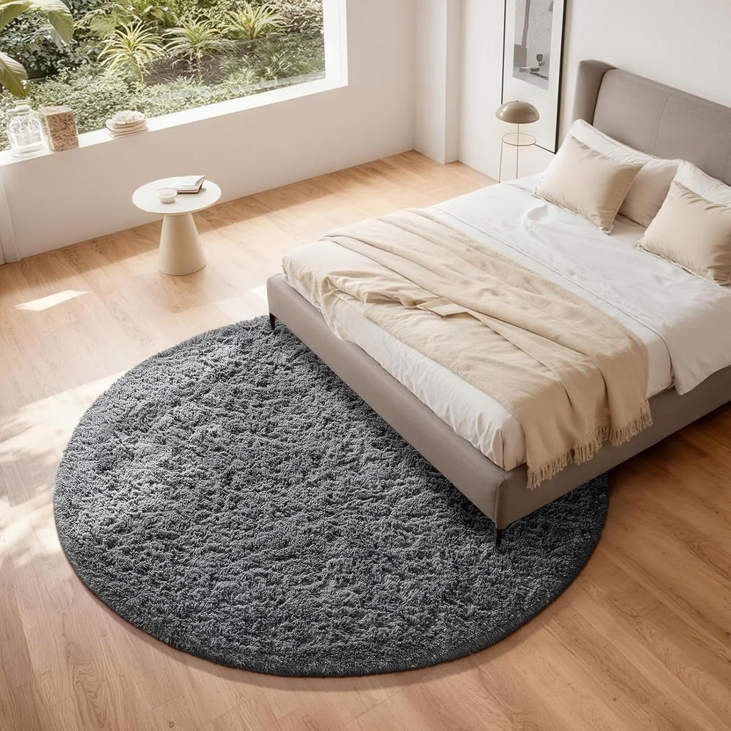 Ophanie Round Rug - 7Ft Grey Plush Shag Area Rug | Soft Fluffy Carpet for Living Room & Nursery