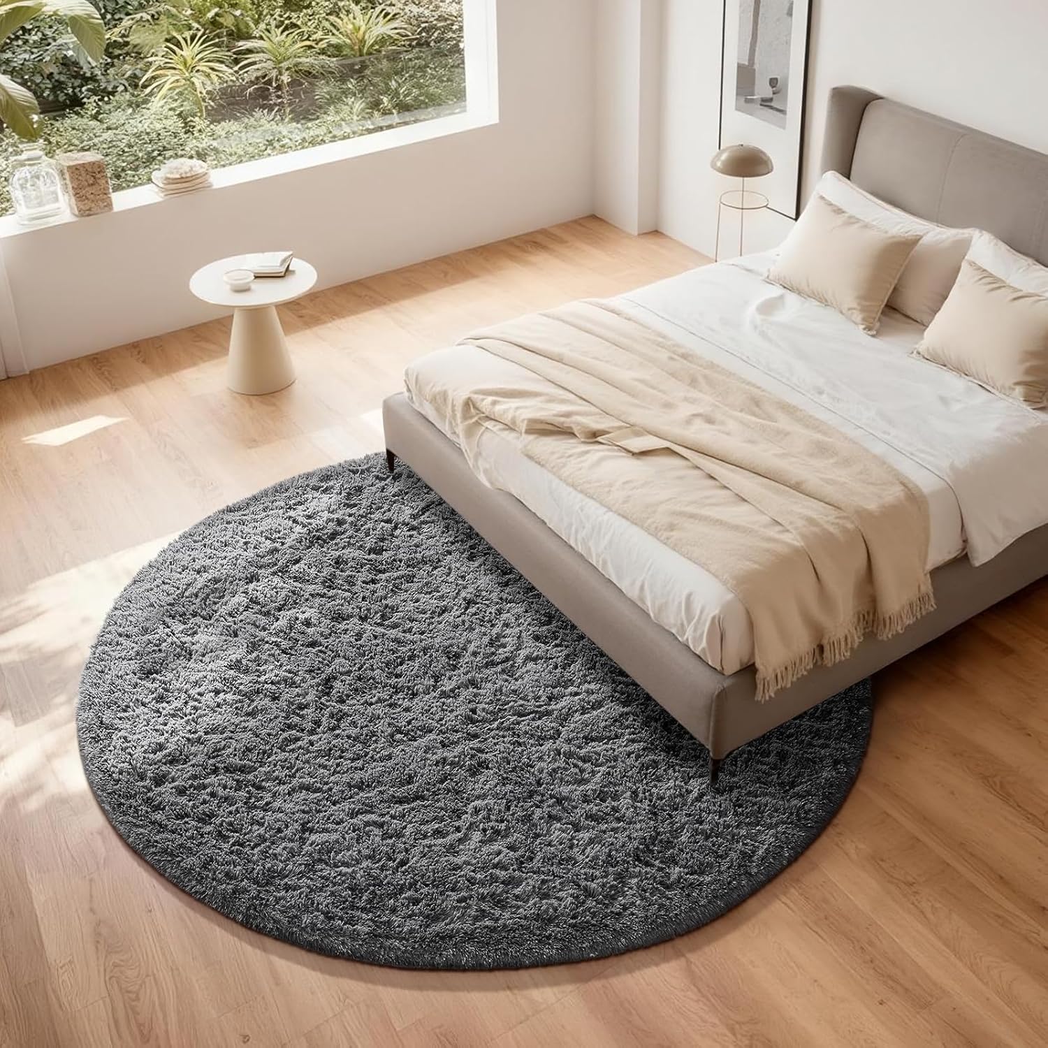 Ophanie Round Rug - 7Ft Grey Plush Shag Area Rug | Soft Fluffy Carpet for Living Room & Nursery