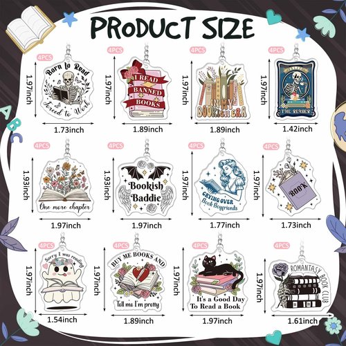 Equsion 24 Pcs Book Lovers Gifts Funny Book Keychain Bookish Party Favor Accessories, Xmas Birthday Gifts for Women (Retro)
