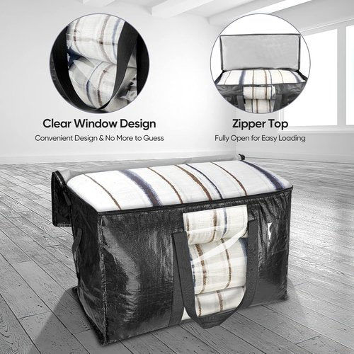 BALEINE 4-Pack Heavy-Duty Oversized Moving Bags - Reinforced Handles, Black w/Window