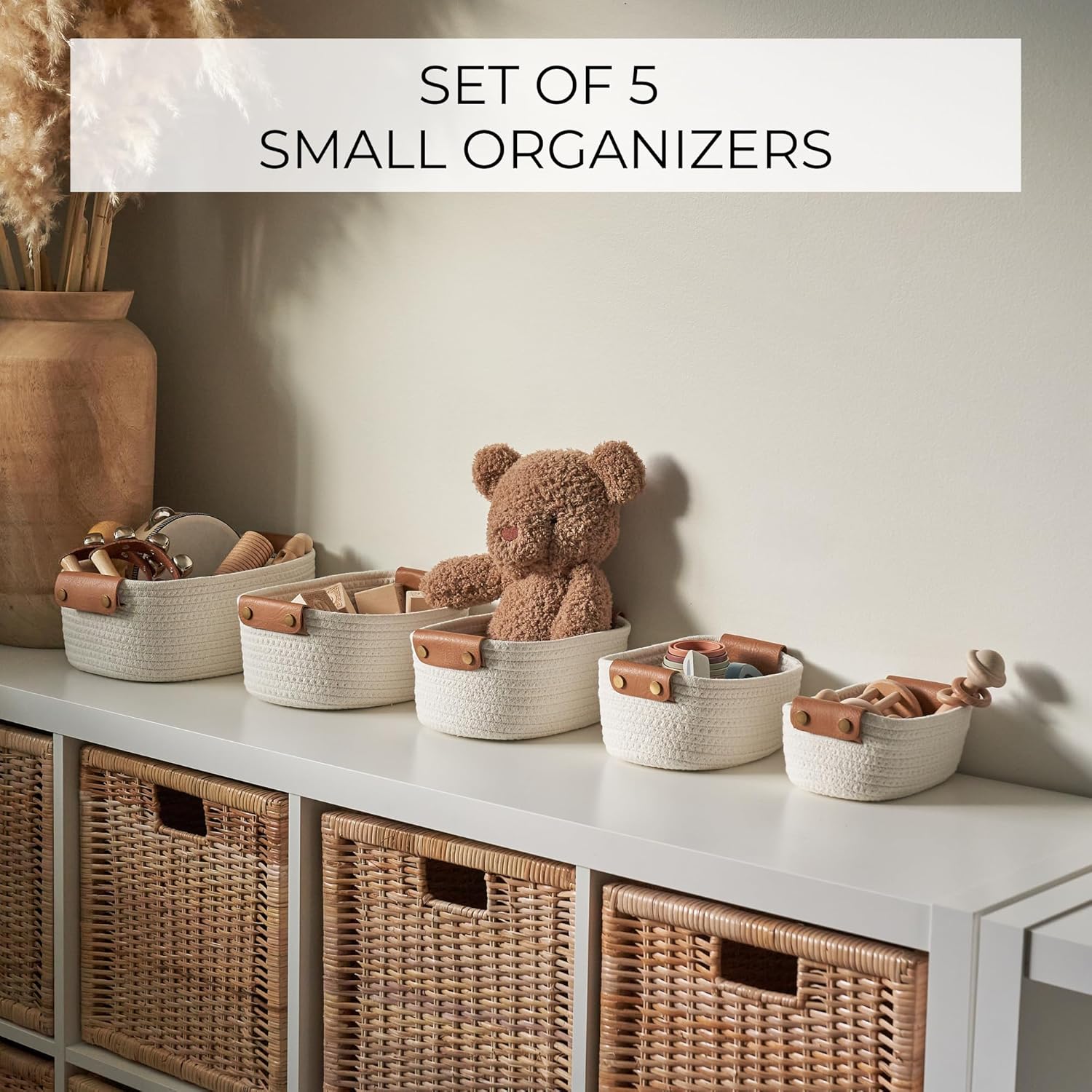 Skiennix Beautiful Storage Basket Set of 5 - Sturdy Cotton Rope Baskets for Home Organization | Perfect for Nursery & Bedroom Decor