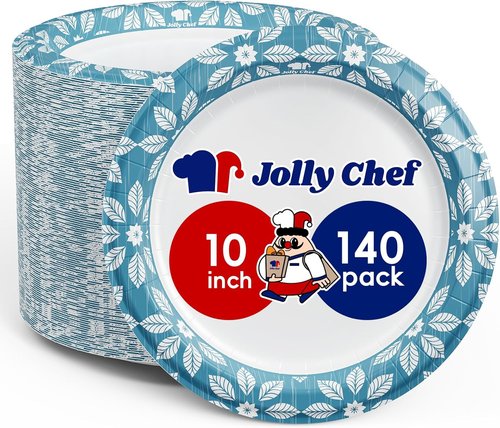 JOLLY CHEF Heavy-Duty Disposable Paper Plates - 10 Inch, 140 Pack, Soak Proof & Cut Proof