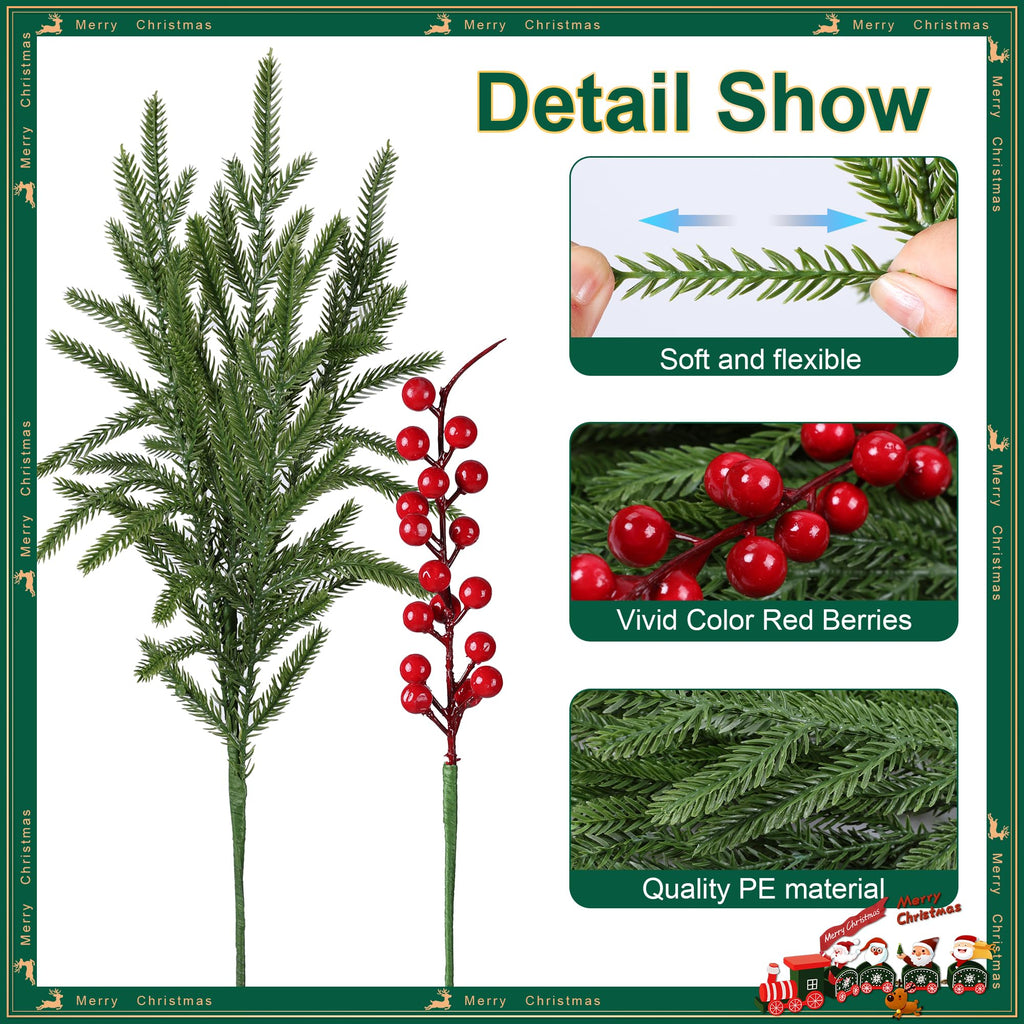 florisso Artificial Faux Christmas Norfolk Pine Stems Branches for Vases,12 Bundles Fake Evergreen Real Touch Greenery Stem with 3 PCS Red Berry Branches for Xmas Holiday Winter Table Indoor Decor