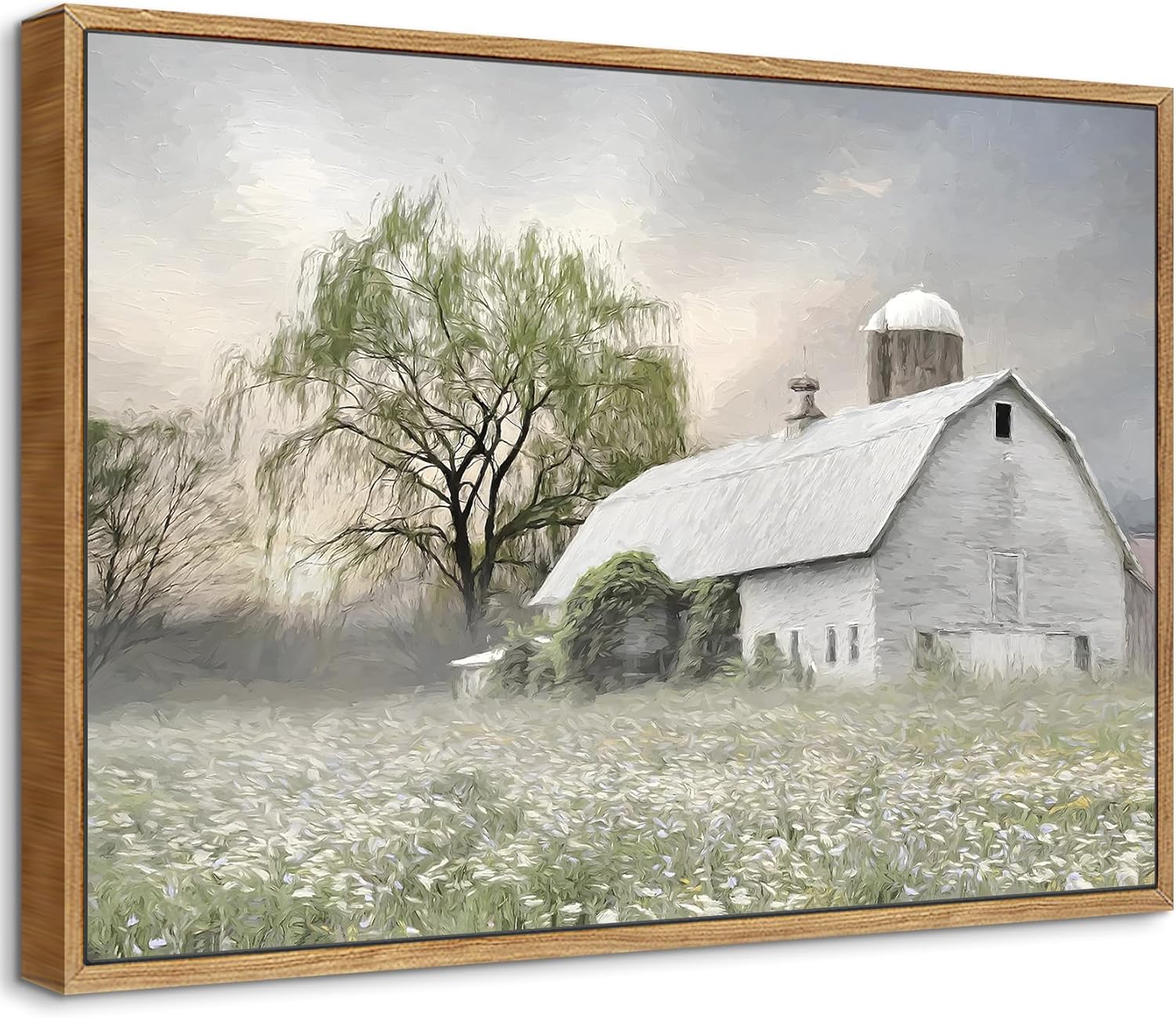 Skiennix Rustic Farmhouse Canvas Wall Art - White Barn Wildflower Landscape Painting | 16x12 in for Bedroom & Living Room Decor