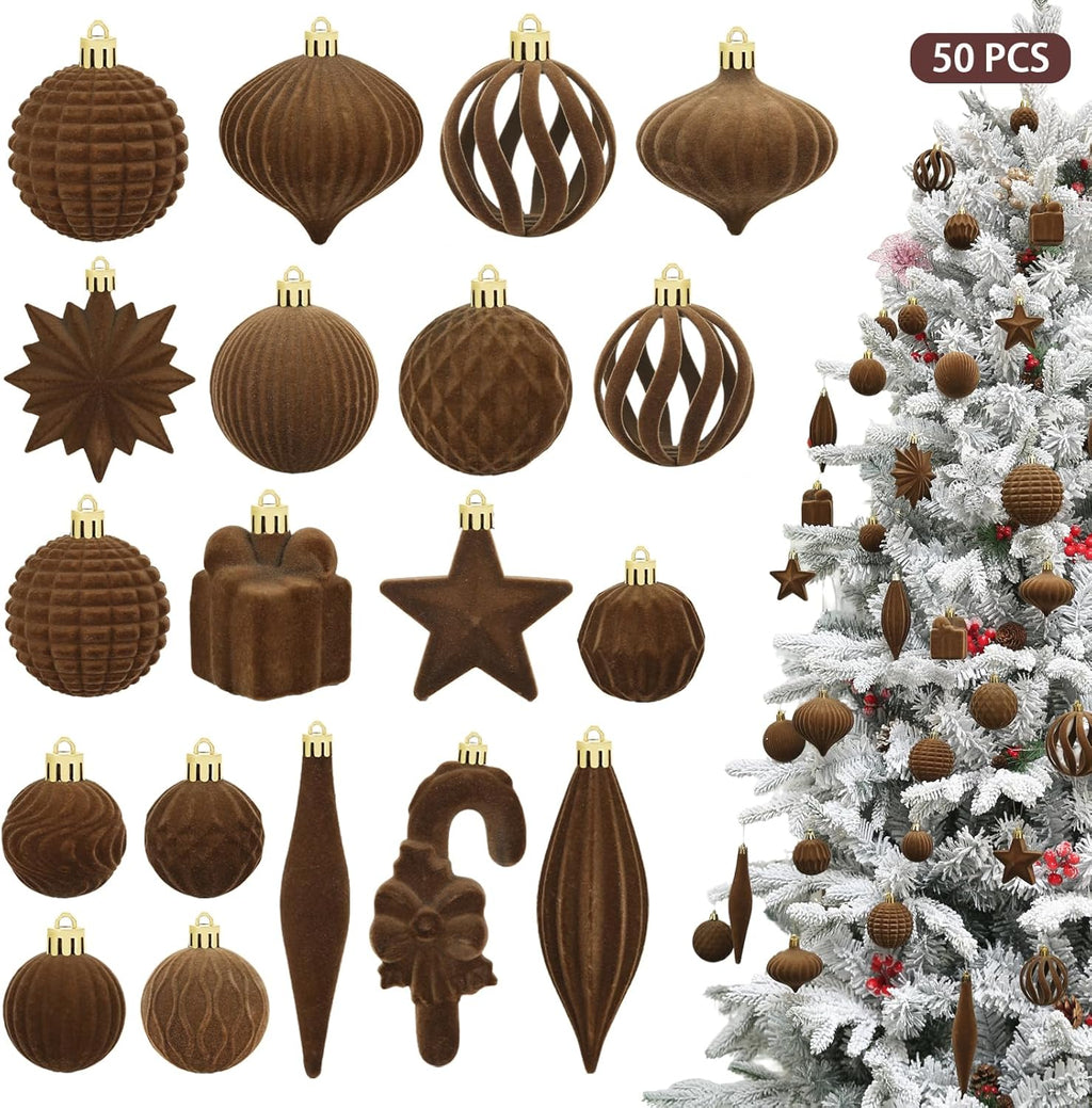 Regine Switzerland Brown Velvet Christmas Balls - 50 Pcs Flocked Ornaments for Tree & Holiday Decor