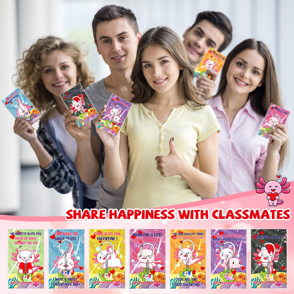 HyDren 28 Sets Valentine Axolotl Gifts for Kids Axolotl Keychains with Cards Gift for Valentine School Classroom Exchange Party Favors(Clear,Light Color)