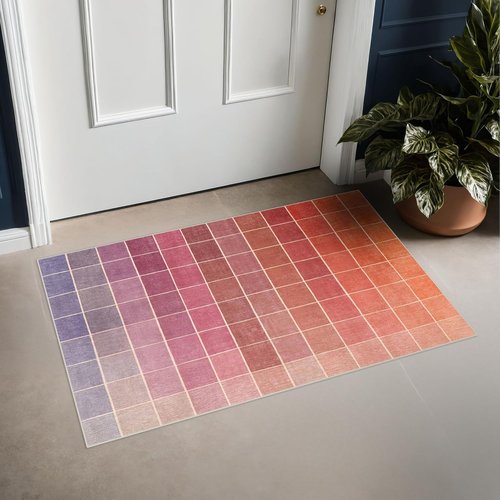 **Regine Switzerland Mid Century Modern Ombre Pink Checkered Rug - Washable 2x3 Small Area Rug for Entryway & Kitchen**