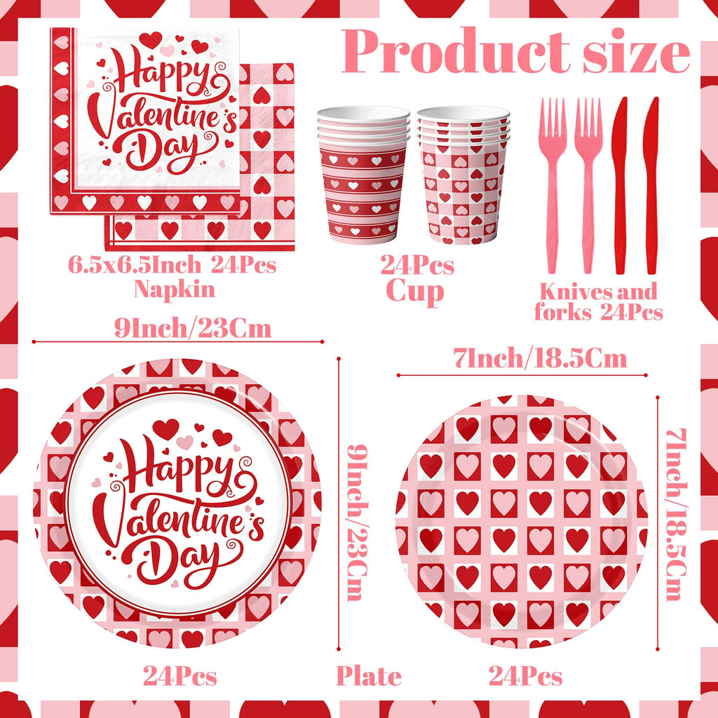 144Pcs Valentine's Day Party Plates and Napkins,Valentines Day Party Supplies Red Pink Love Heart Valentines Day Theme Tableware Set for Valentine Birthday Wedding Serve 24