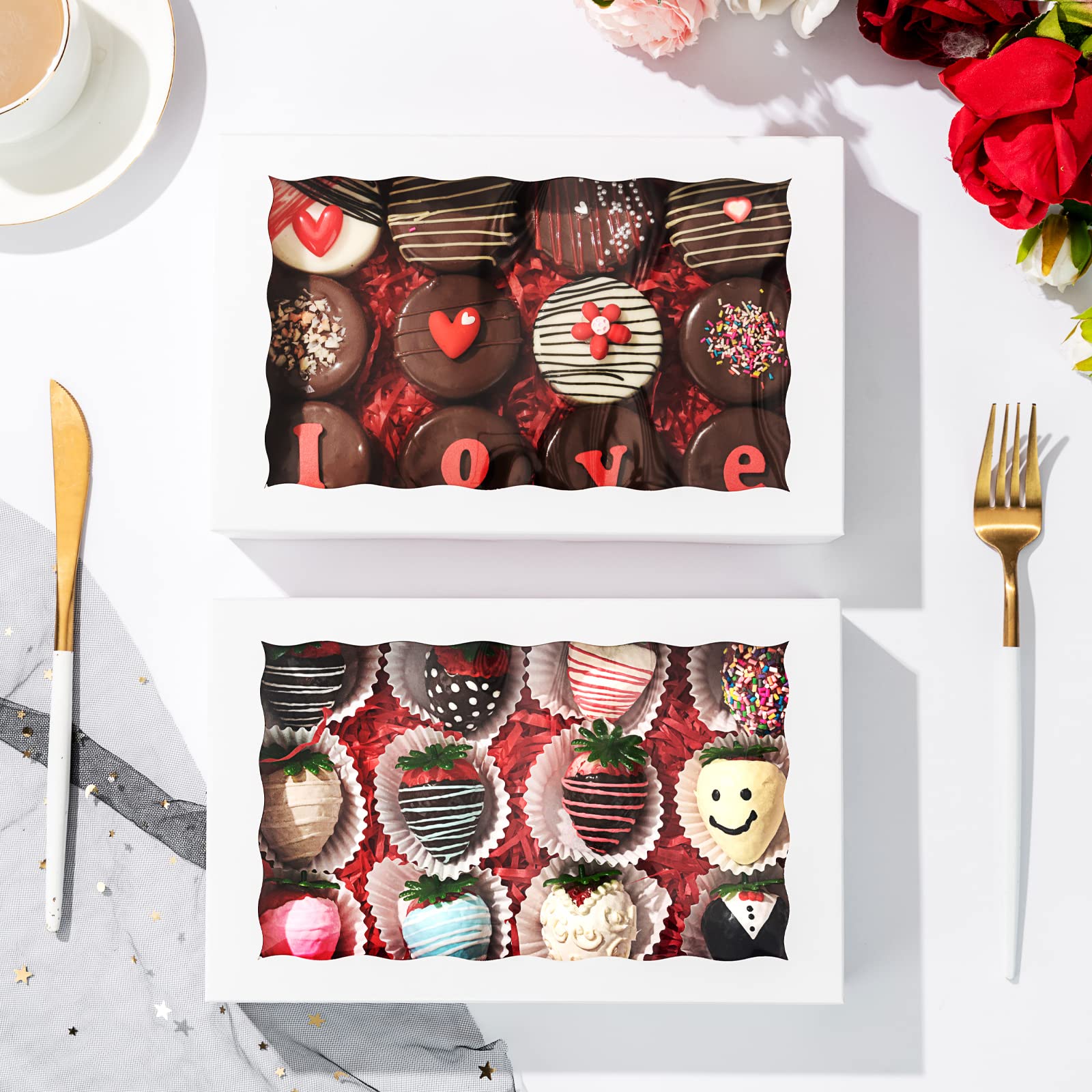 SLShePack 24PCS 10x7x2.5 inches Cookies Bakery Boxes with Window - Cakesicle, Chocolate Bomb, Macaron, Chocolate Covered Strawberries, Pretzel Rods Boxes
