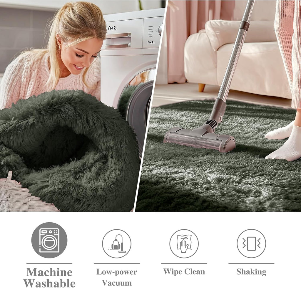 OLANLY Olive Green Round Rug - Soft, Fluffy, Machine Washable 7 ft Circle Area Rug for Bedroom & Living Room Decor