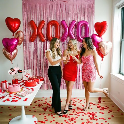 Valentine's Day Decorations Set - Red & Pink Heart Foil Balloons, XOXO Letter Balloons, Rose Gold Fringe Curtains, Heart Garland & 300 Rose Petals for Anniversary Proposal Wedding Special Night Party