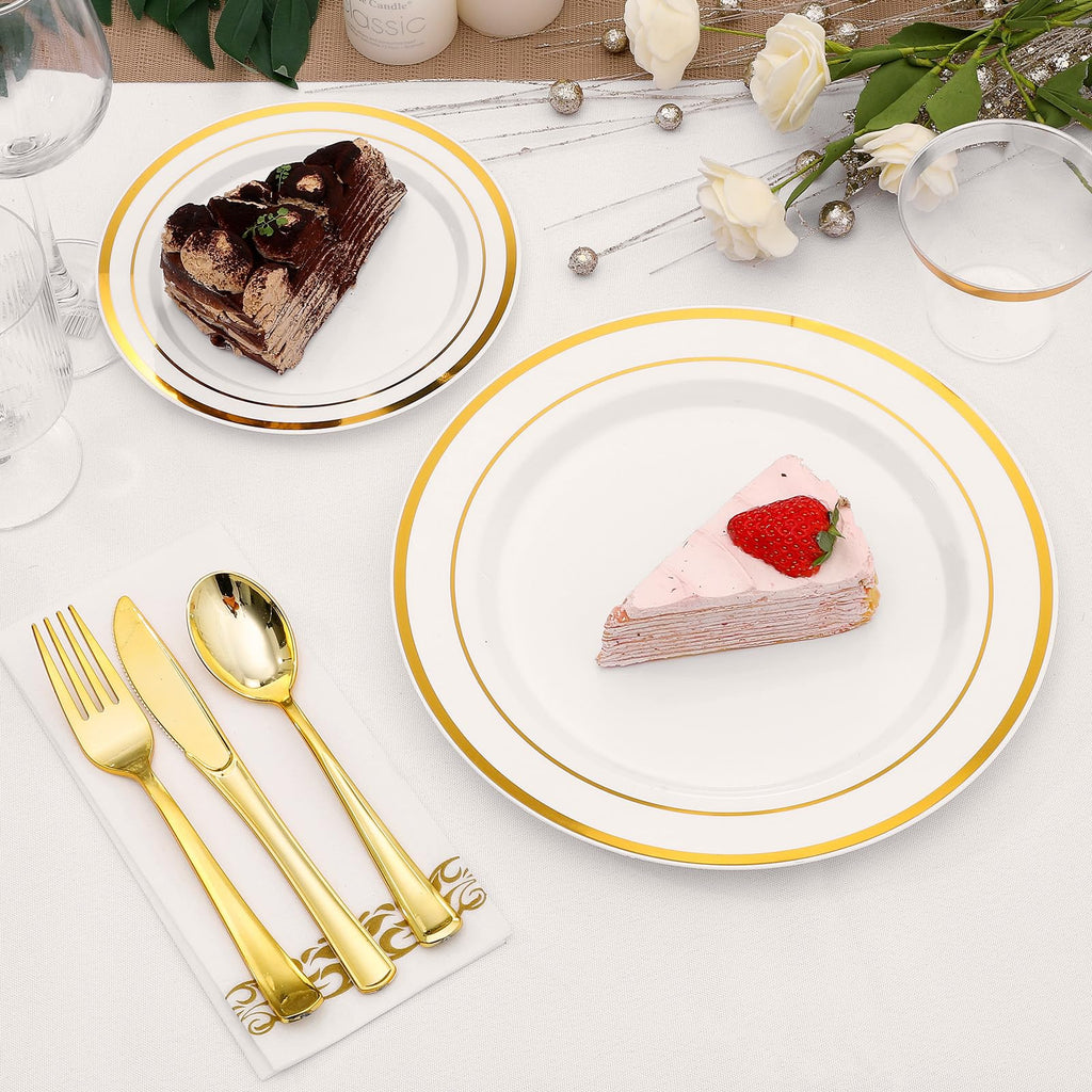 VajilaPhil 350-Piece Gold Rim Plastic Dinnerware Set for 50 Guests, Elegant Disposable Dinnerware for Party, Wedding. Includes Dinner Plates, Dessert Plates, Gold Silverware, Napkins, Cups