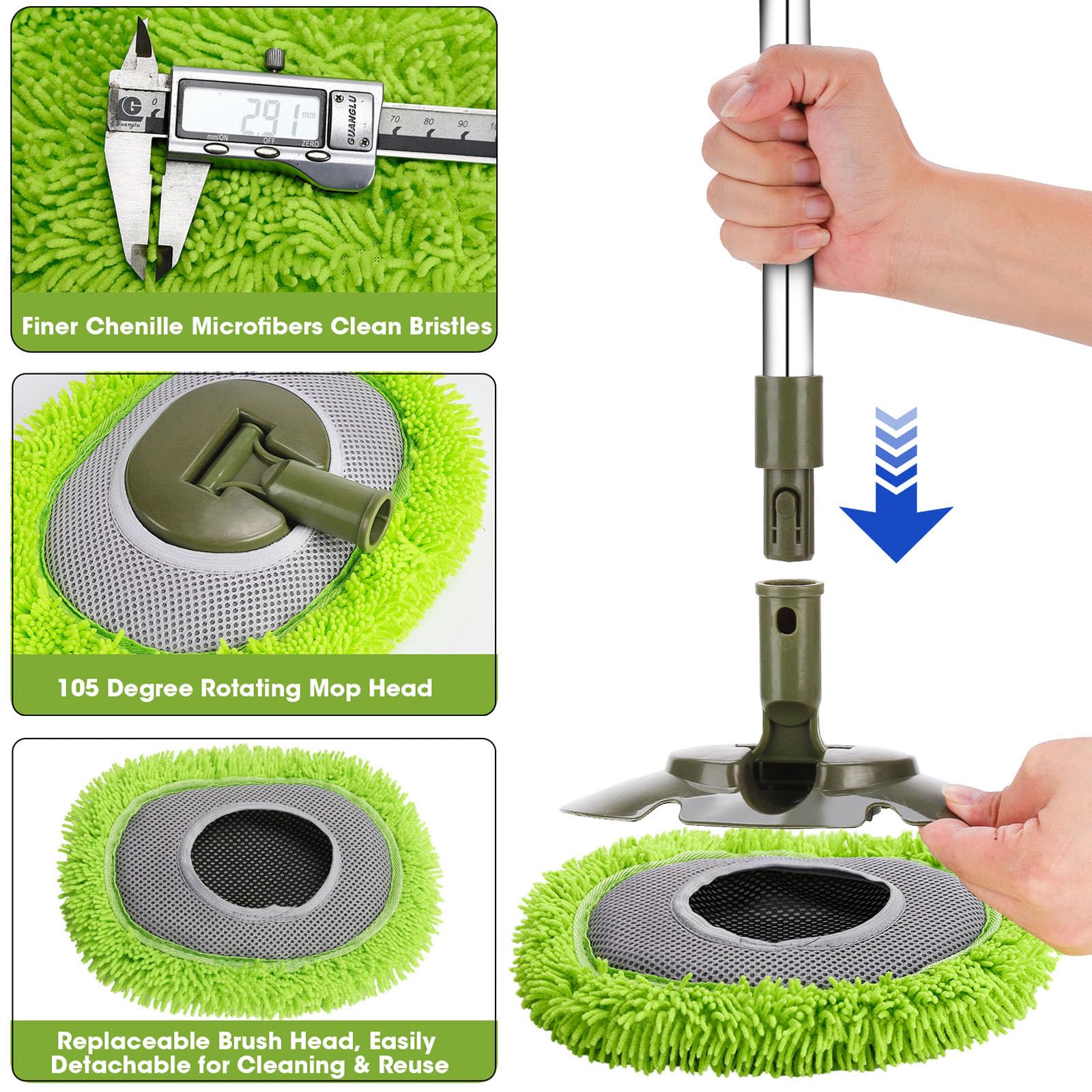 Wall Mop,Wall & Baseboard Cleaner Mop Tool with 71.3'' Long Handle,Ceiling Dust Mop with 15° Labor-Saving Extension Pole,Rotatable Adjustable Cleaning Tool Duster for Cleaning Window,Tile,Home,Green