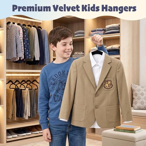 HOUSE DAY 14-Inch Kids Velvet Hangers - Durable Non-Slip Felt Hangers for Youth & Teens | 50 Pack, Black