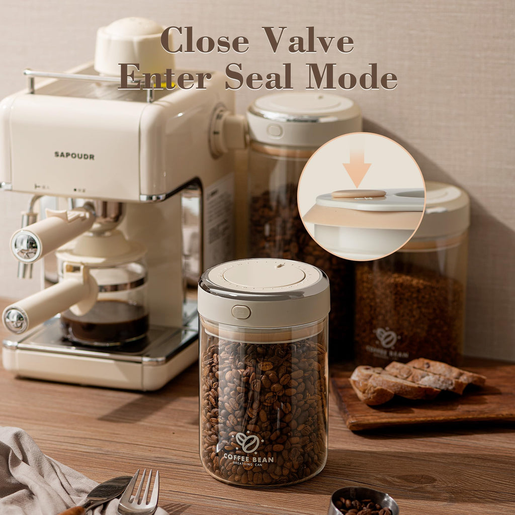 Coffee Bean Storage Container with One-way Valve Airtight Lid Date Tracker for Coffee and More Food Fresh and Storage, Clear Borosilicate Glass Coffee Canister(1.2 Qt - 13.1 OZ)