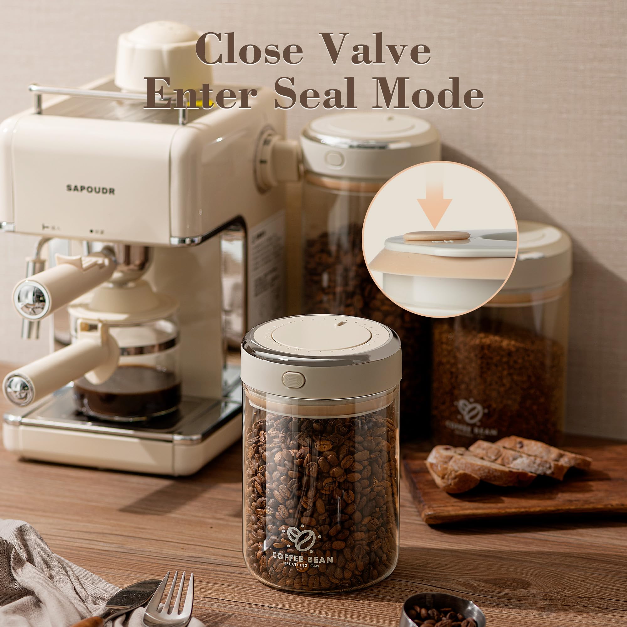 Coffee Bean Storage Container with One-way Valve Airtight Lid Date Tracker for Coffee and More Food Fresh and Storage, Clear Borosilicate Glass Coffee Canister(1.2 Qt - 13.1 OZ)