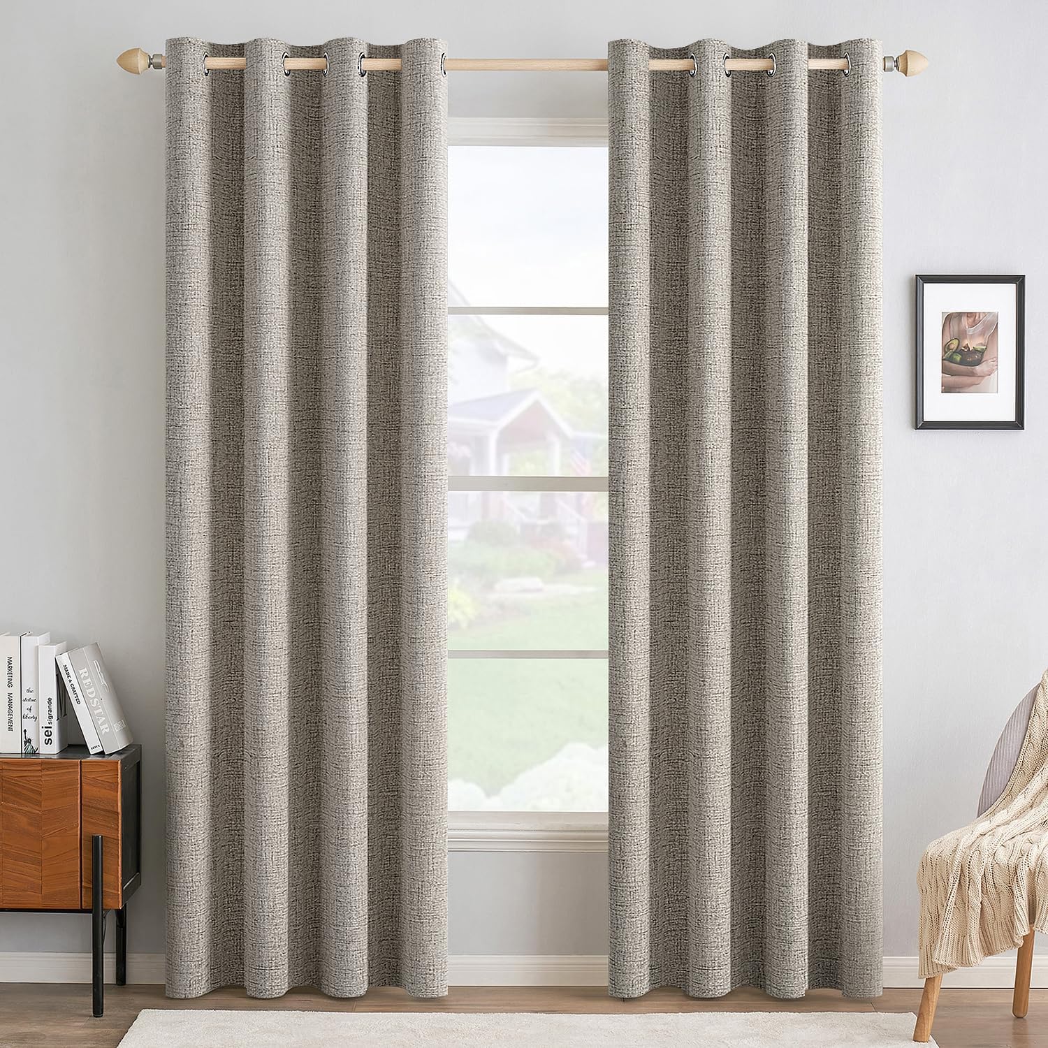 MIULEE Blackout Linen Curtains - 100% Thermal Insulated Greige Drapes | Room Darkening 52x108 Inch (2 Panels)