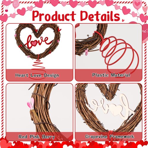 Valentine Tree Topper Heart Tree Topper Rustic Rattan Treetop Valentines Love Heart Wreath Decor for Valentines Wedding Holiday Party Wall Home Front Door Trees Ornament Decor