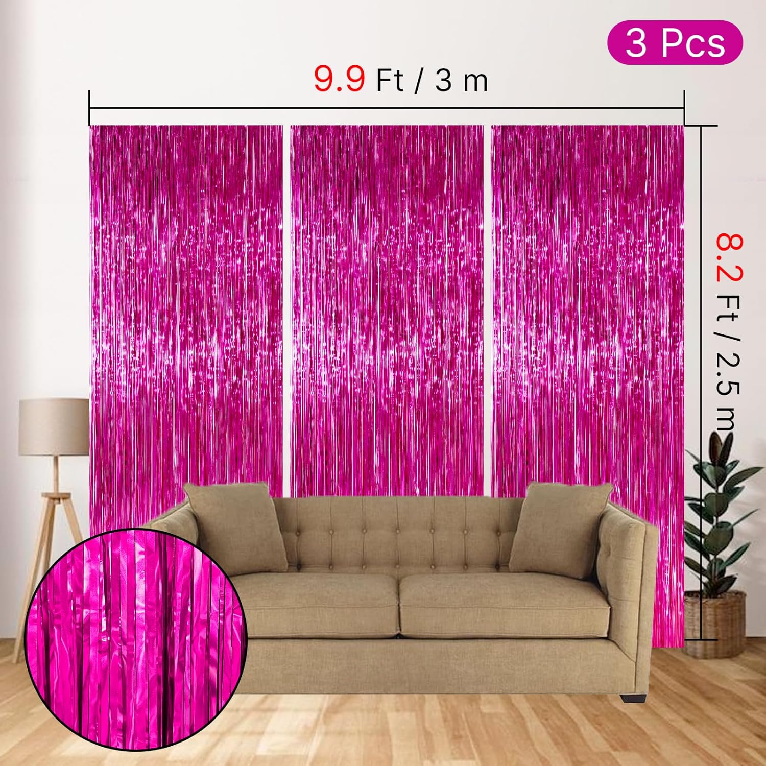 PartyWoo Hot Pink Foil Fringe Curtain - 3pcs 8.2ft Tinsel Backdrop for Birthday & Bachelorette Parties