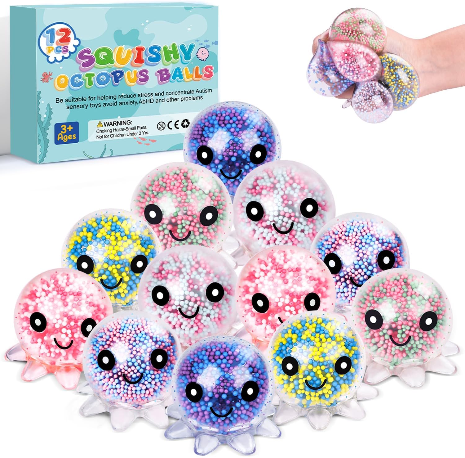 Skiennix Fidget Stress Balls - 12 Pack Cute Octopus Stress Relief Squeeze Balls | Perfect for Adults & Parties