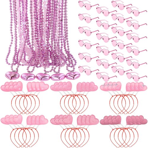 Kanayu 72 Pcs Valentine's Day Accessories Set Include 24 Heart Headbands Head Boppers 24 Heart Shape Sunglasses 24 Beaded Necklace for Valentine Party Favors Costume Supply(Pink)
