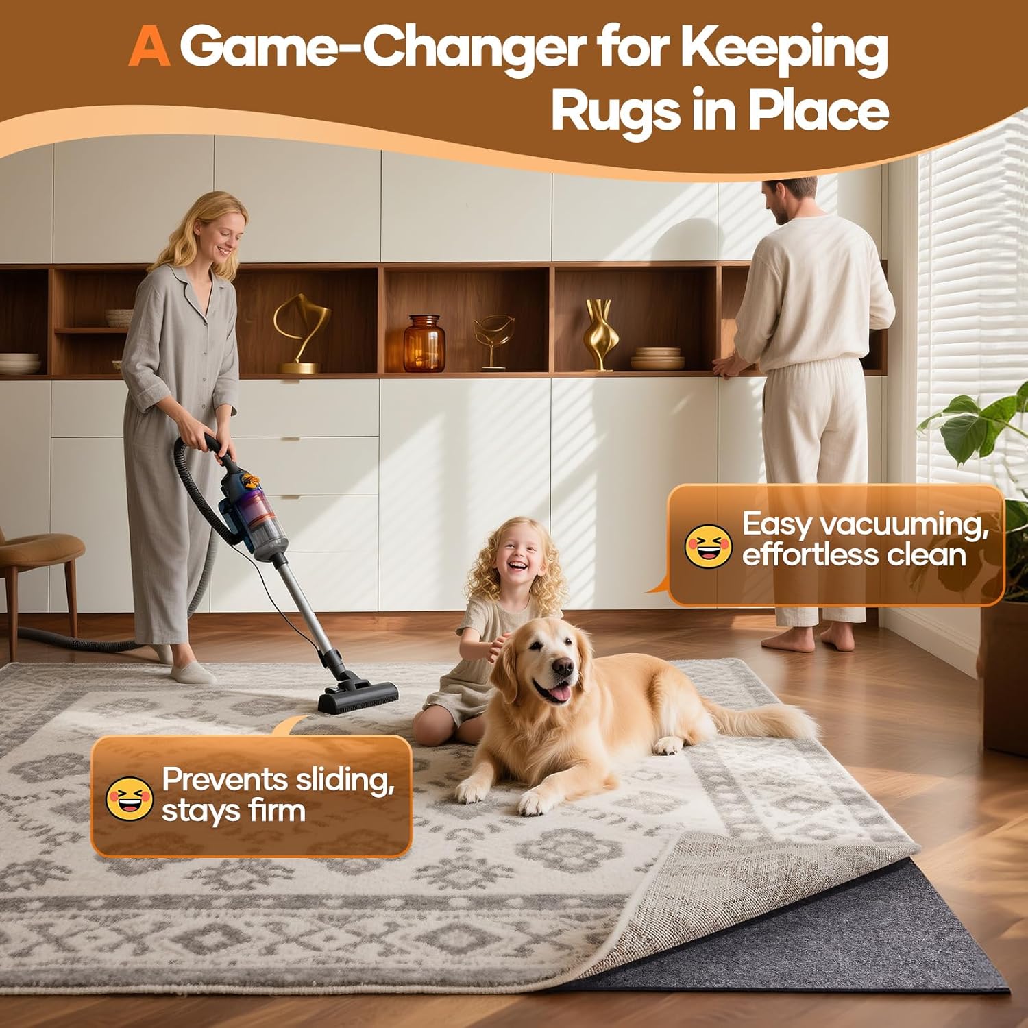 Veken Non-Slip Rug Pad Gripper - 8 x 10 Ft Felt & Silicone Backing | 1/8 Inch Thick Anti-Skid Mat