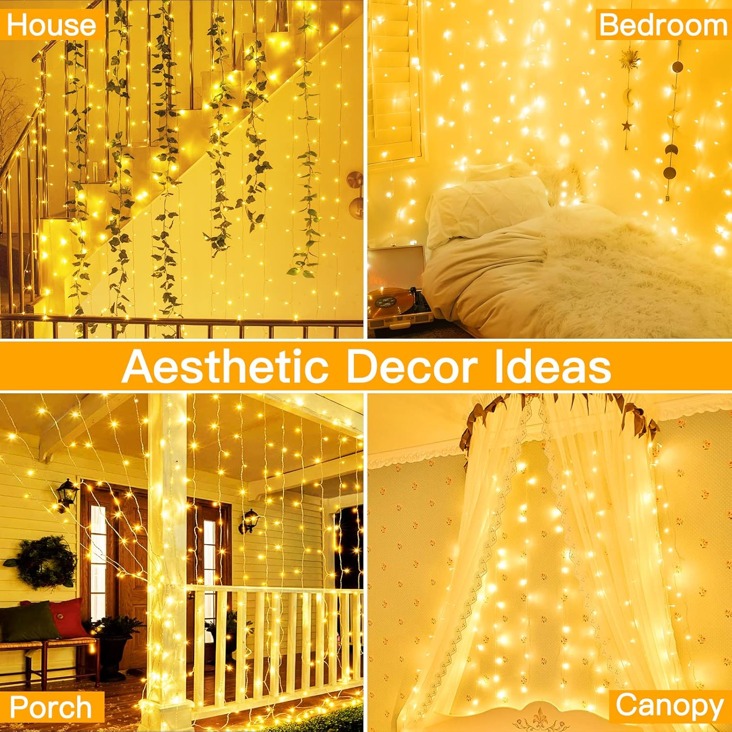 Ollny Curtain Lights - 200 LED String Lights with Remote & Timer | 6.6x6.6ft Warm White Fairy Light for Indoor Decor