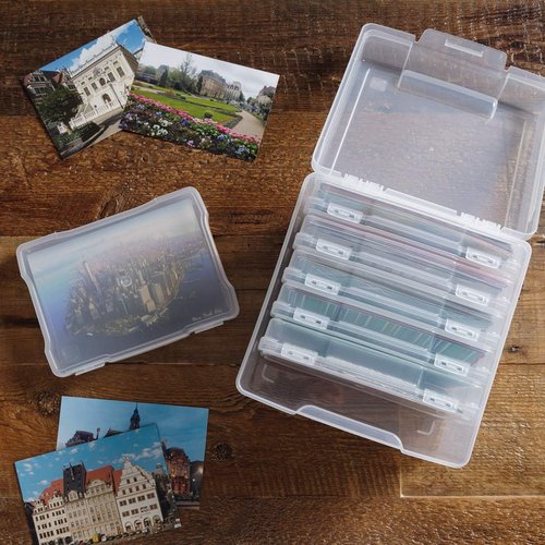 IRIS USA Photo Organizer - 5" x 7" Storage Box with Handle & 6 Inner Cases for Easy Organization - Clear