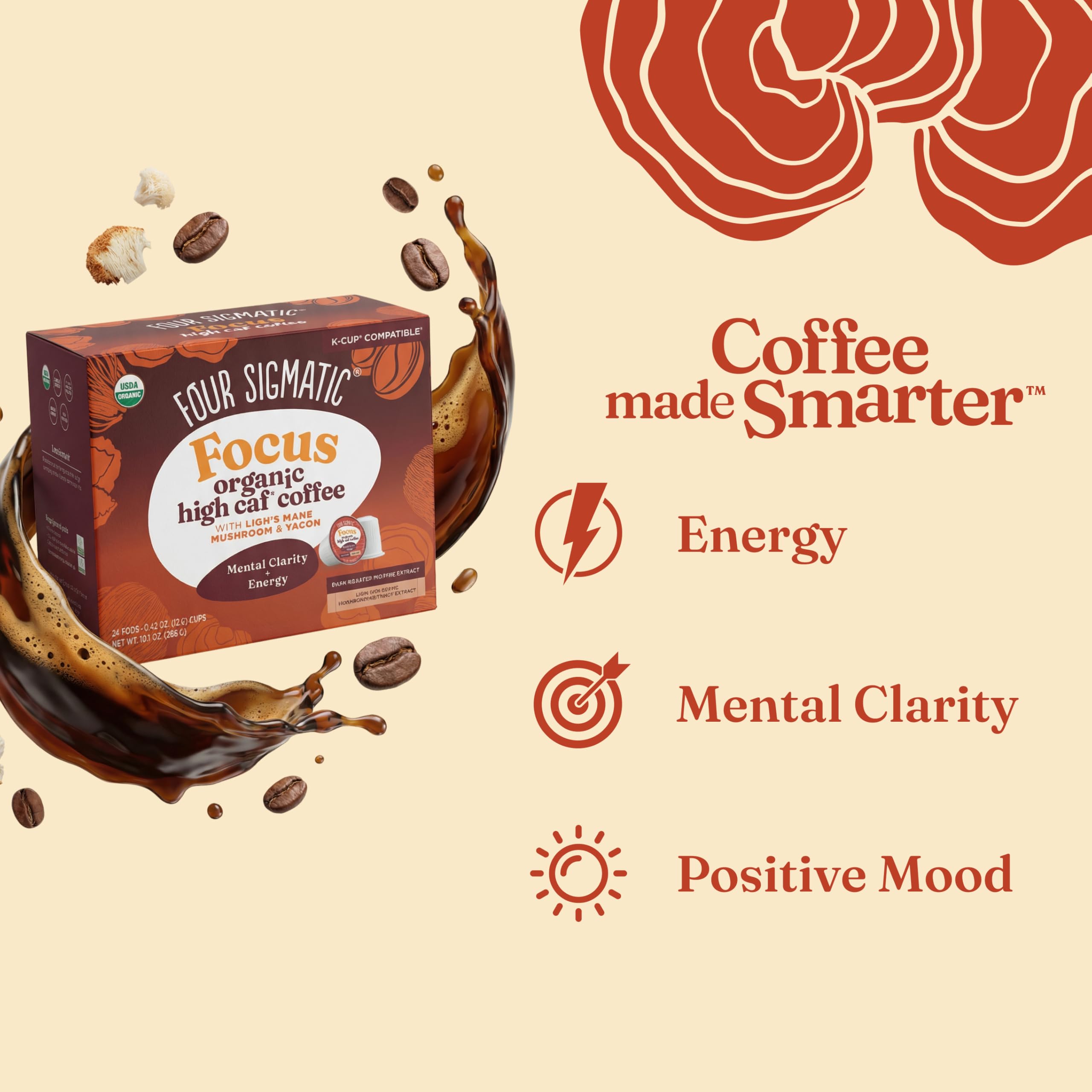 Four Sigmatic High Caffeine Mushroom Coffee K-Cups | Organic Dark Roast Coffee with Lion’s Mane & Yacon | Focus & Immune Support | Vegan & Keto | Sustainable Pods | 48 Count