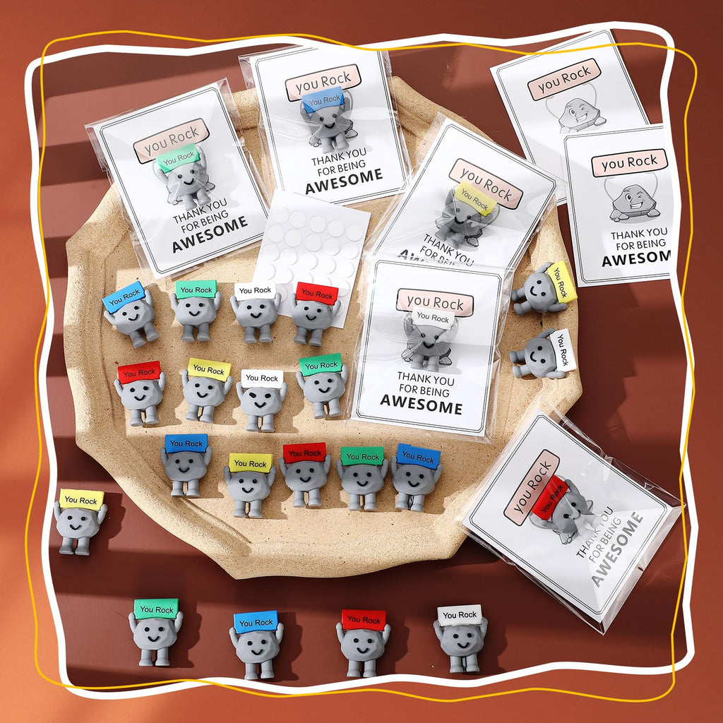 Gejoy 25 Sets Positive Mini Figurines Gifts Miniature Emotional Mini Rubber Toy with Positive Card Gift Bags Inspirational Birthday Gifts for Coworkers Employees (Rock)