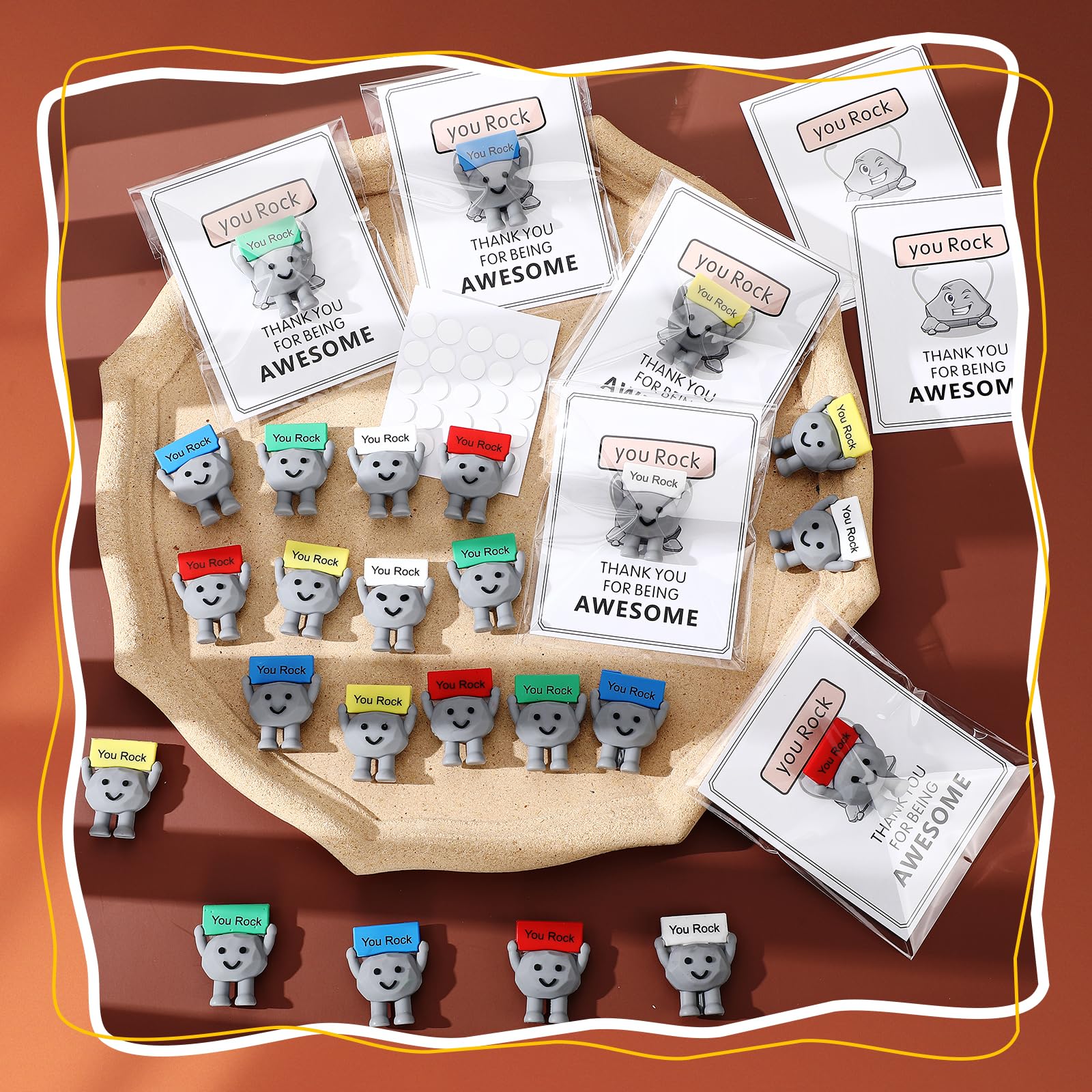 Gejoy 25 Sets Positive Mini Figurines Gifts Miniature Emotional Mini Rubber Toy with Positive Card Gift Bags Inspirational Birthday Gifts for Coworkers Employees (Rock)