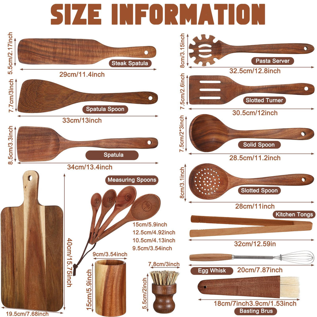 Briwooody 18 Pc Wooden Kitchen Utensils Set with Holder, Cutting Board, Spatulas, Spoons, Tong, Whisk & Accessories