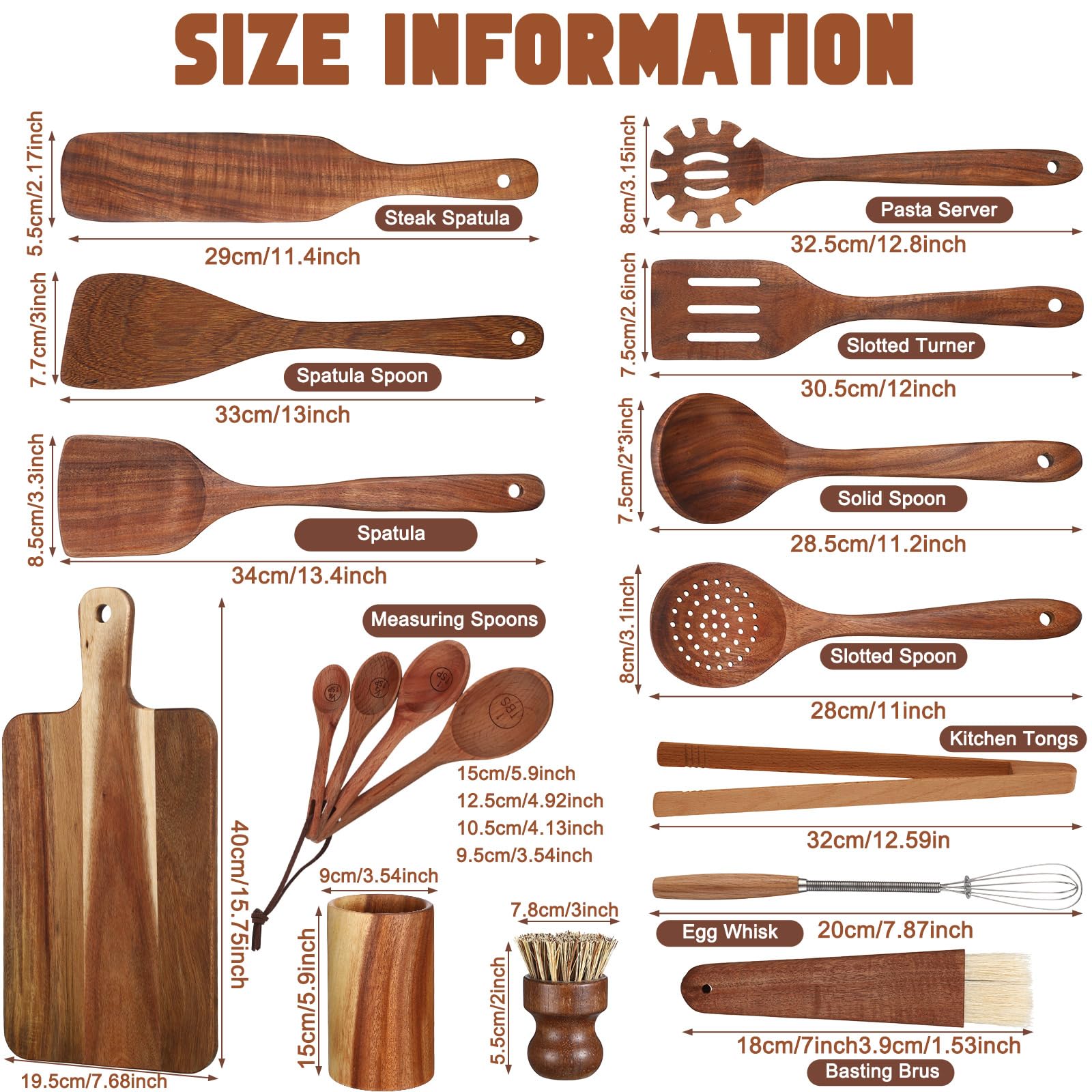 Briwooody 18 Pc Wooden Kitchen Utensils Set with Holder, Cutting Board, Spatulas, Spoons, Tong, Whisk & Accessories